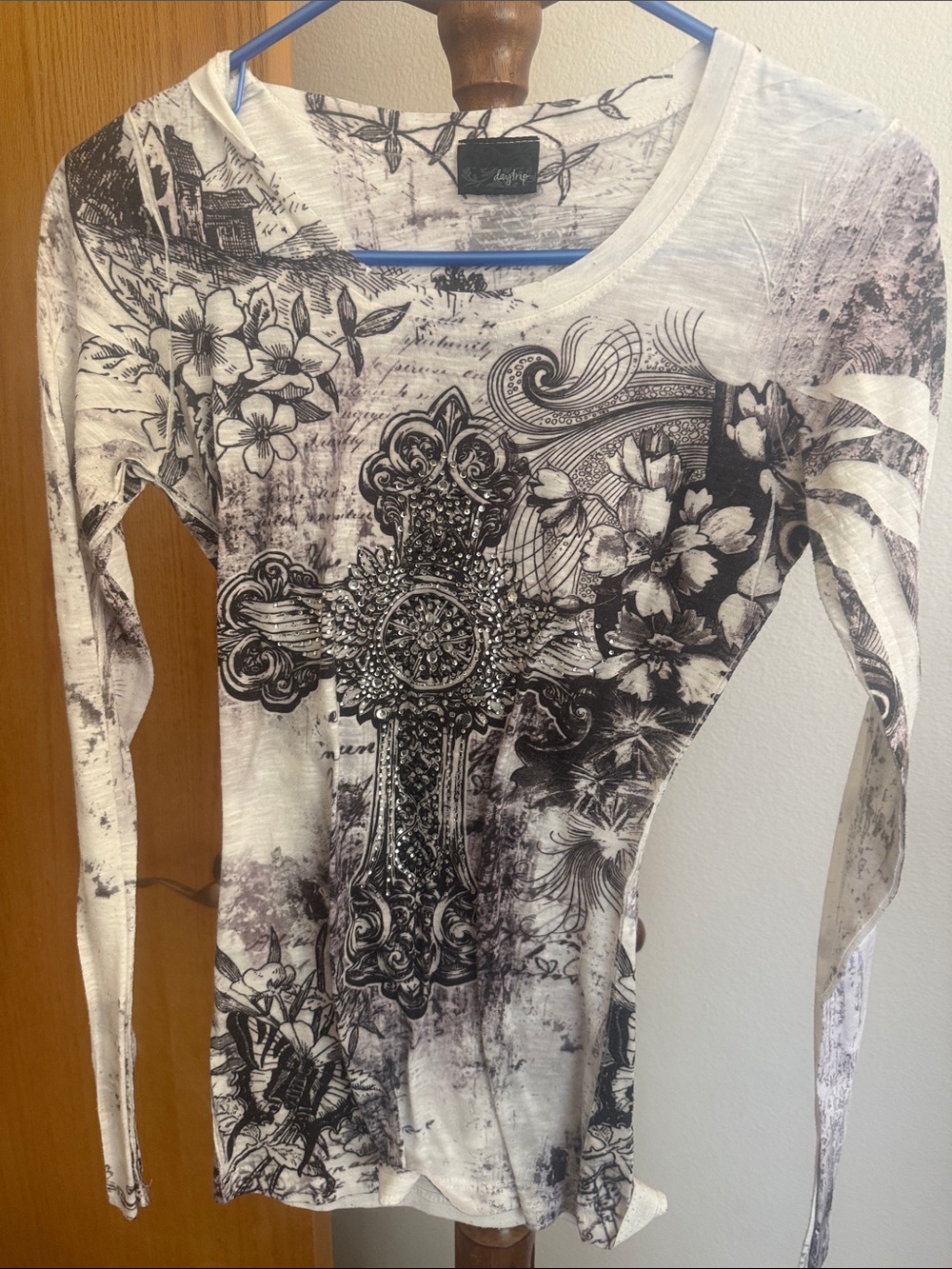 Daytrip Black & White Rhinestone Cross Long Sleeve Tee
